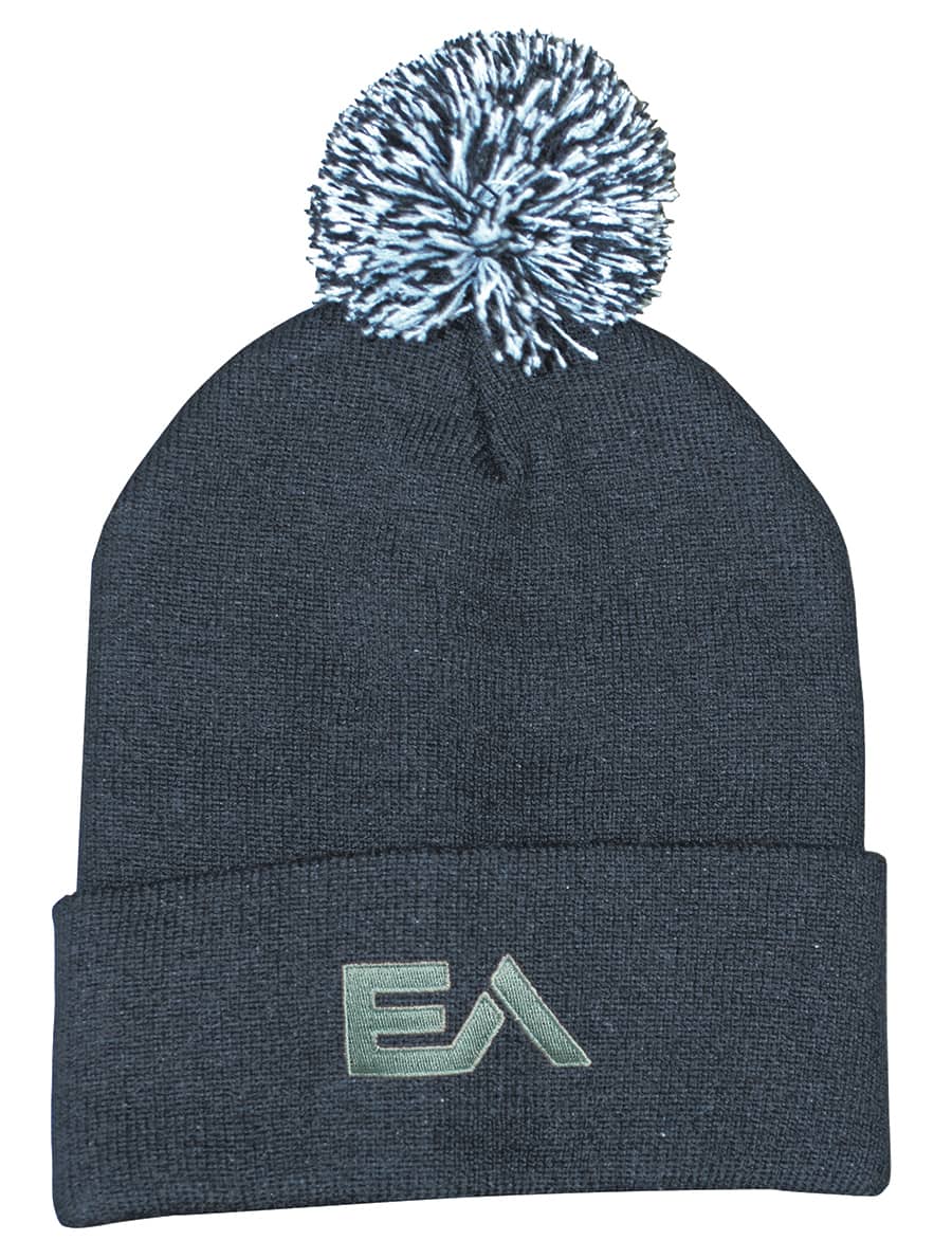Acrylic beanie in dark grey with a fluffy pom pom on top and a logo at the front.