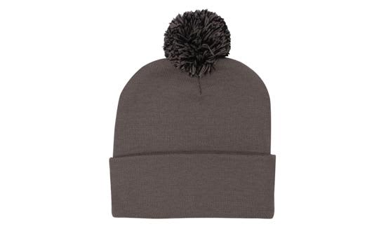 Acrylic beanie in grey with a fluffy pom pom on top, featuring a folded brim and a logo.