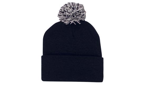 A black acrylic beanie with a grey pom pom on top, featuring a folded cuff.