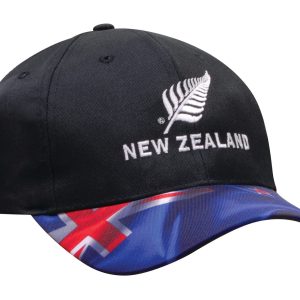 A black cap featuring a waving New Zealand flag peak and a logo on the front.