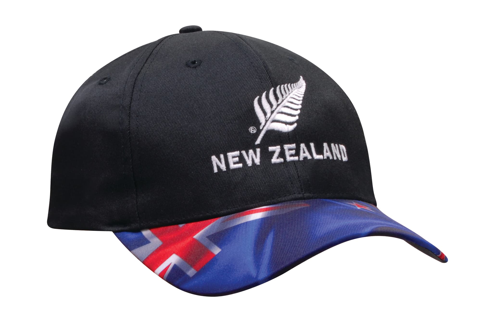 A black cap featuring a waving New Zealand flag peak and a logo on the front.