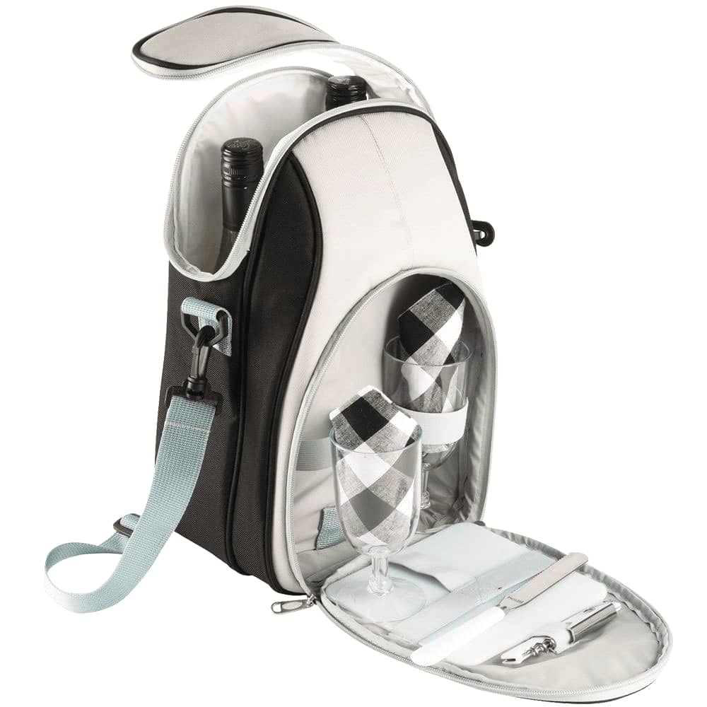 A cooler bag in black and grey featuring two wine glasses, wine bottle slots, napkins, and utensils.