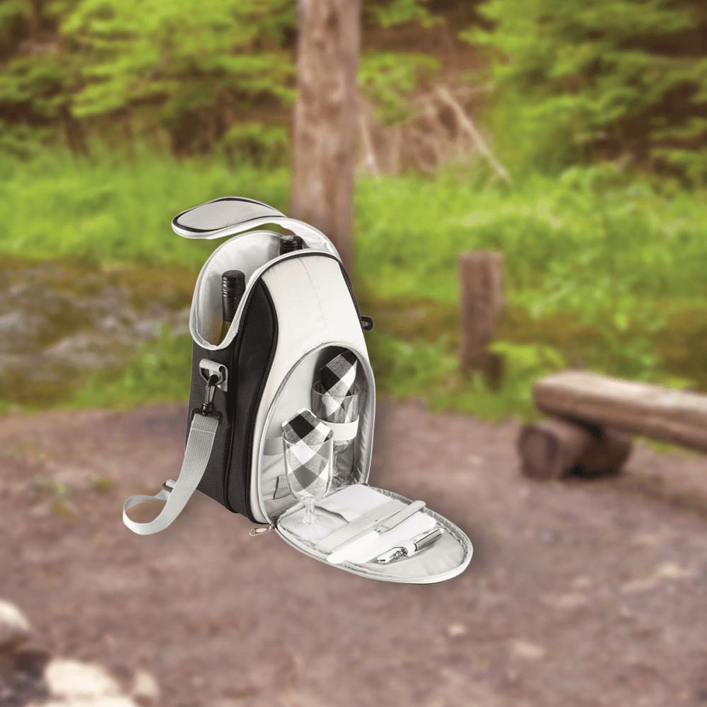 A black and white cooler bag with a clear front, featuring compartments for bottles and utensils.