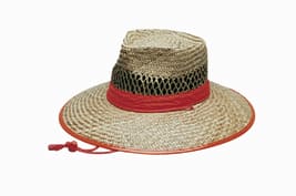 A natural straw hat with an orange trim, featuring a wide brim and a woven design. It has a logo on the band.