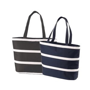 Insulated cooler bags in dark grey and navy blue with white stripes and sturdy handles. Each bag has a logo.
