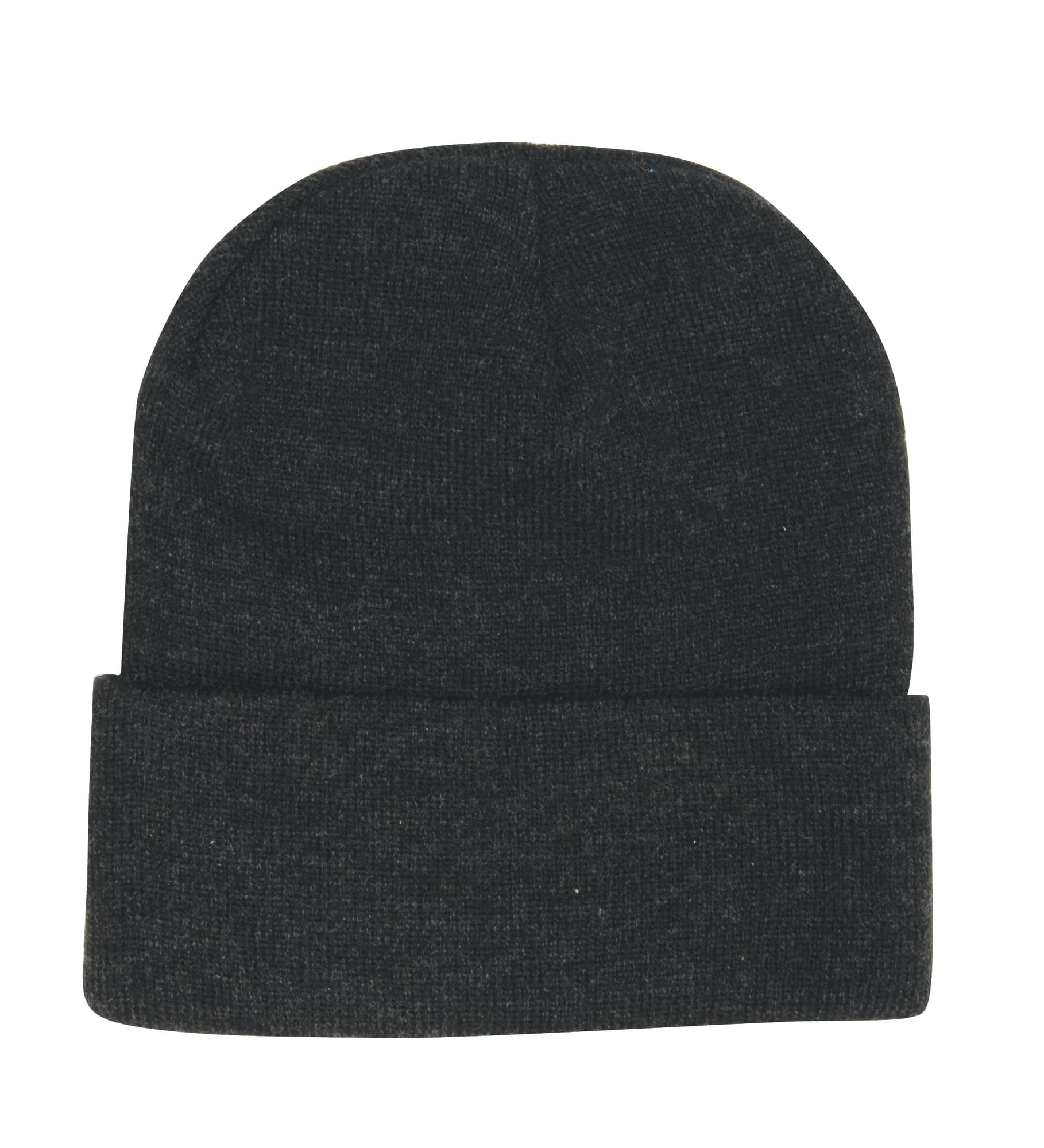 A dark grey acrylic beanie with a folded cuff and a smooth texture. It includes a logo.
