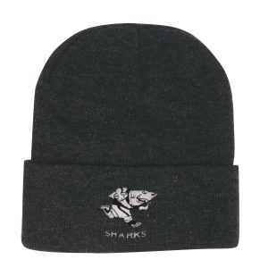 A dark grey beanie featuring a logo and a folded cuff.