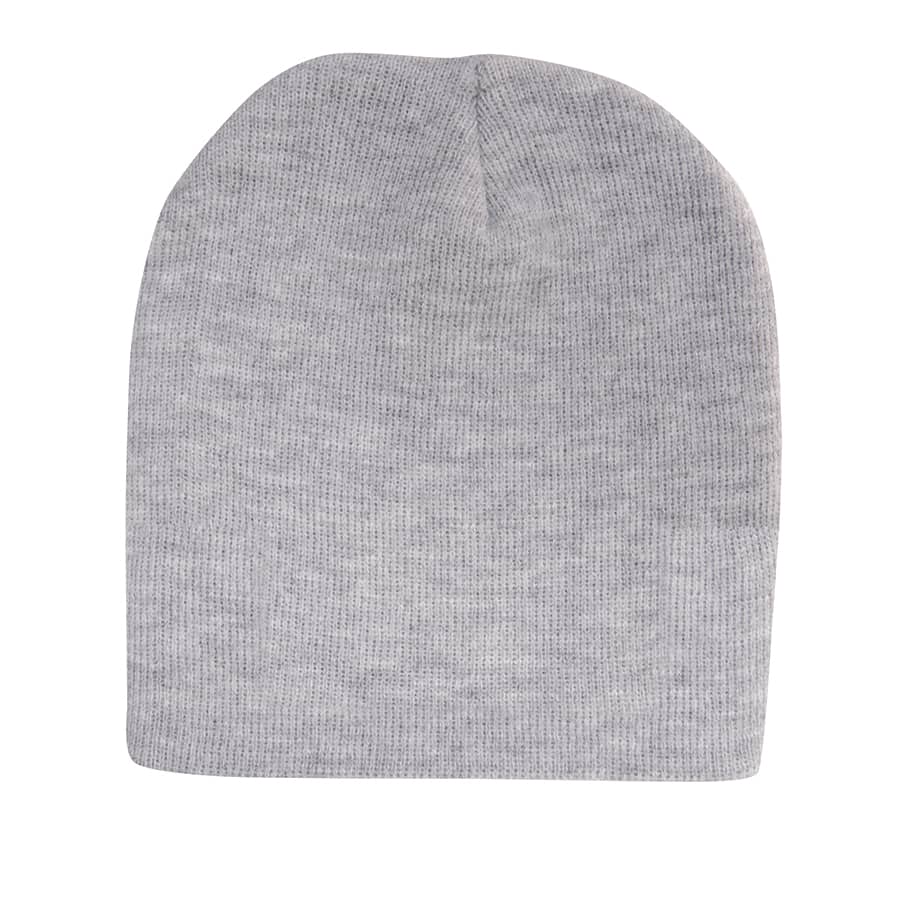 A rolled down acrylic beanie in a light grey colour with a smooth texture. It features a logo.