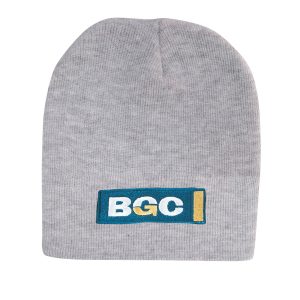 A grey rolled down acrylic beanie featuring a logo patch.