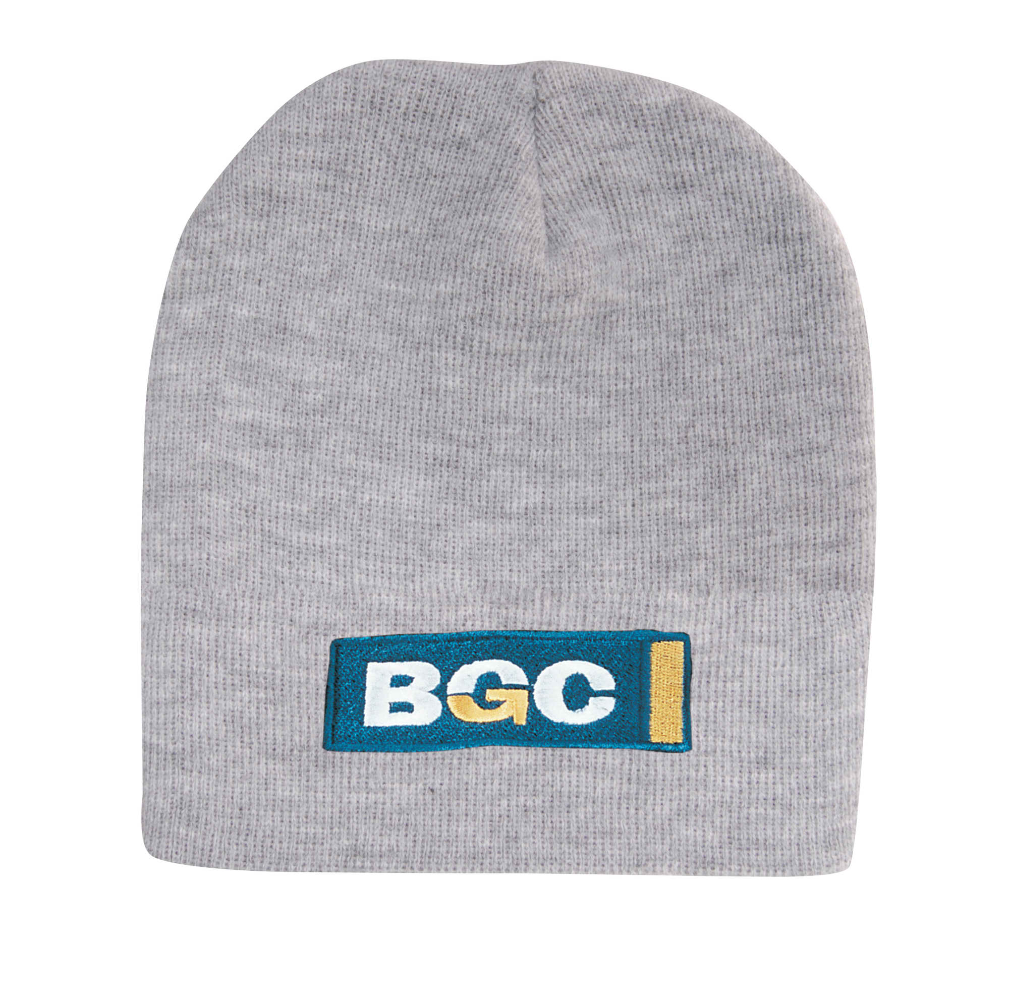 A grey rolled down acrylic beanie featuring a logo patch.