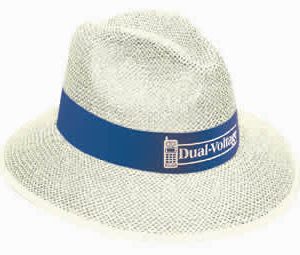 A straw hat in off-white with a blue band, featuring a branding logo on the band.