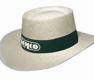 A classic style string straw hat in light beige with a dark green band featuring a logo.