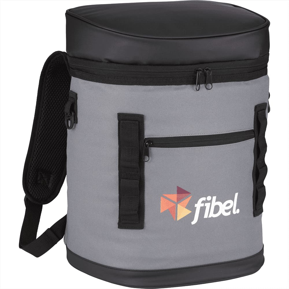 A grey cooler bag with a black top, featuring a side pocket and a logo on the front.