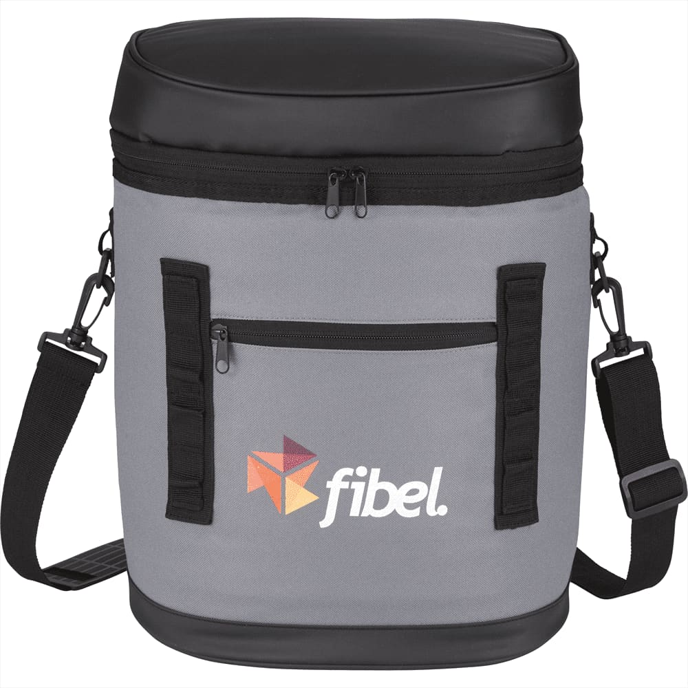 A grey cooler bag with a black top and strap, featuring a front pocket and a logo.