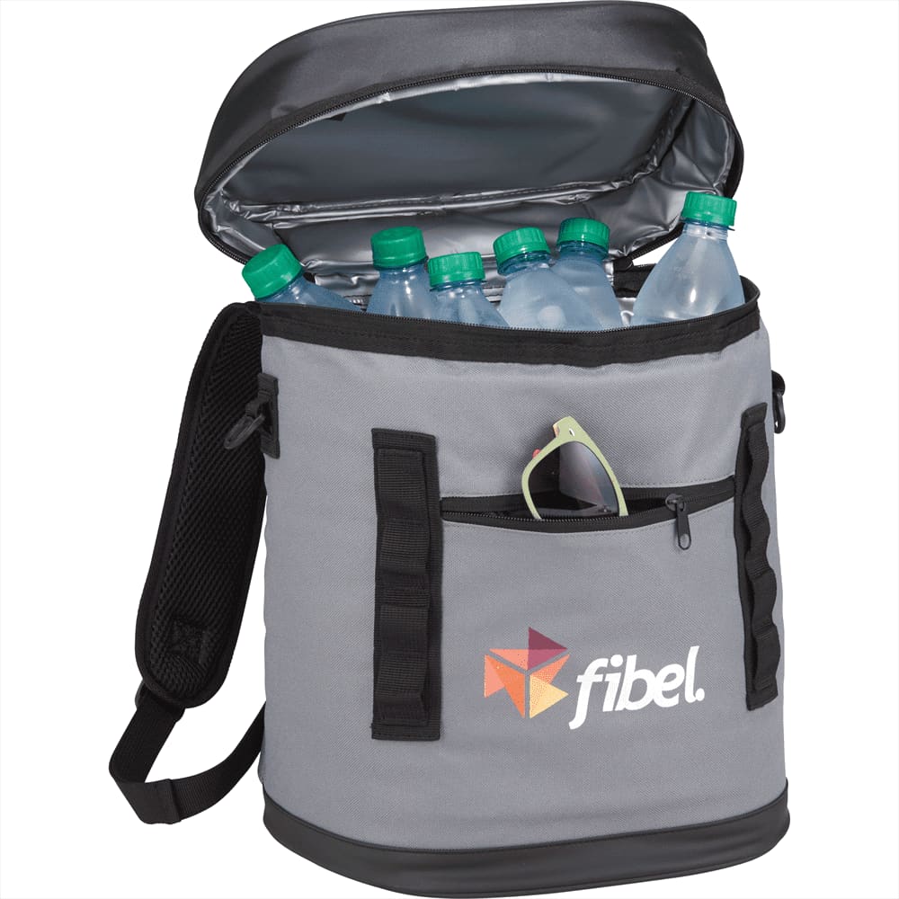A grey 20L backpack cooler filled with food containers, a drink bottle, utensils, and a phone. It has a logo.