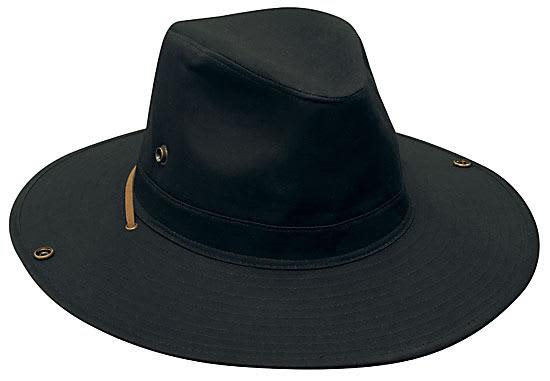 A black Safari Cotton Twill Hat featuring a wide brim and side eyelets, with a decorative band.