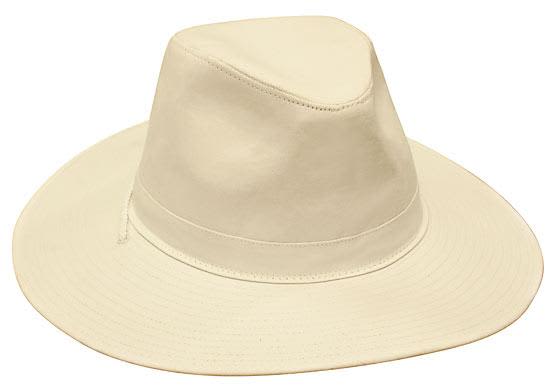 A cream-coloured cotton twill hat with a wide brim and a simple design, featuring a logo on the band.