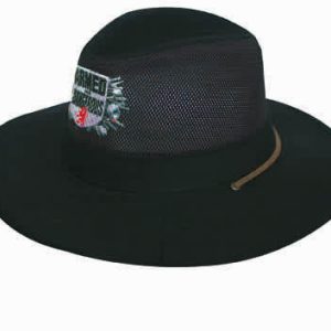 A black cotton twill and mesh hat featuring a branded logo on the front.