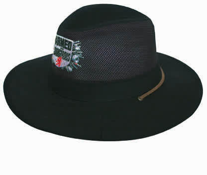 A black cotton twill and mesh hat featuring a branded logo on the front.