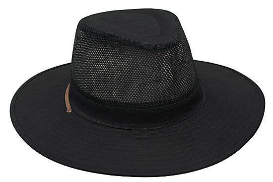 A black cotton twill and mesh hat with a wide brim, featuring a decorative band and a logo.