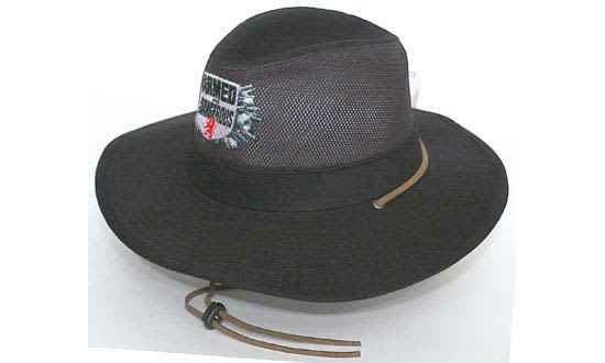 A black safari cotton twill and mesh hat featuring a logo and a decorative cord around the brim.