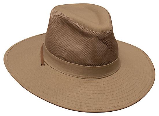 A tan cotton twill and mesh hat with a wide brim and a mesh section for ventilation, featuring a logo.