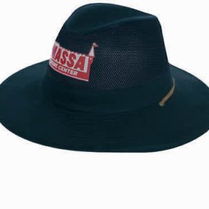 A dark green collapsible cotton twill and soft mesh hat with a logo on the front.