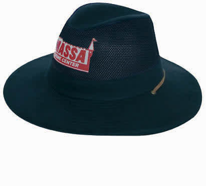 A dark green collapsible cotton twill and soft mesh hat with a logo on the front.