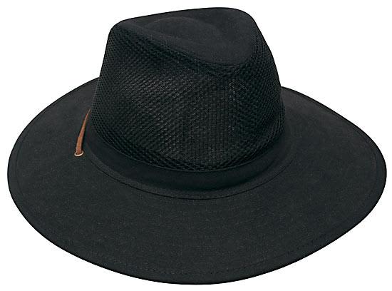 A black collapsible cotton twill and soft mesh hat with a wide brim and mesh detailing, featuring a logo.