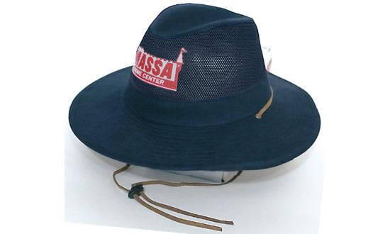 A navy collapsible cotton twill and soft mesh hat with a logo and a chin strap.