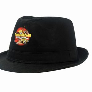 A black Fedora cotton twill hat featuring a logo on the front. The hat has a classic wide brim design.