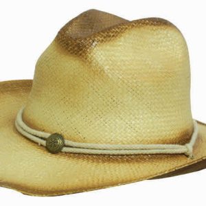 A straw cowboy hat in shades of beige with a decorative band. Features a logo on the band.