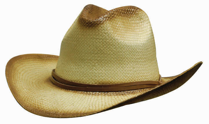 A straw cowboy hat in a tan colour with a brown band around the base and a curved brim.