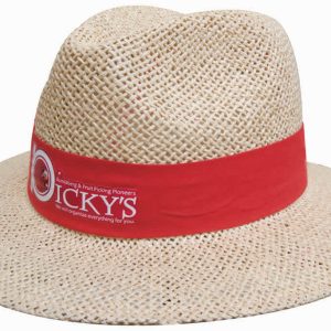 A straw hat with a wide brim and a red band, featuring a logo.