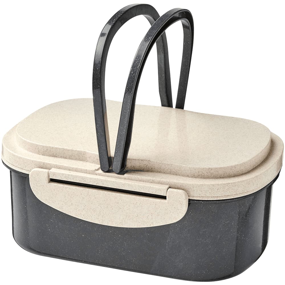 A lunch box featuring a cream and dark grey design, with two handles and a secure lid. It has a branding logo.