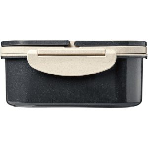 A black and beige plastic lunch box with a secure closing lid, featuring a subtle speckled pattern.