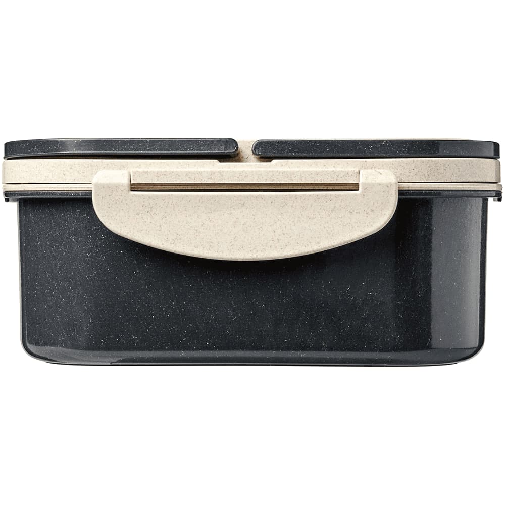 A black and beige plastic lunch box with a secure closing lid, featuring a subtle speckled pattern.