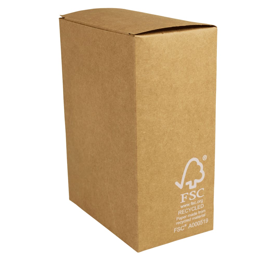 A brown, recyclable cardboard box with a logo, featuring a tab closure at the top.