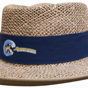 A straw hat with a wide brim, featuring a blue band and a logo. The hat has a natural beige colour.