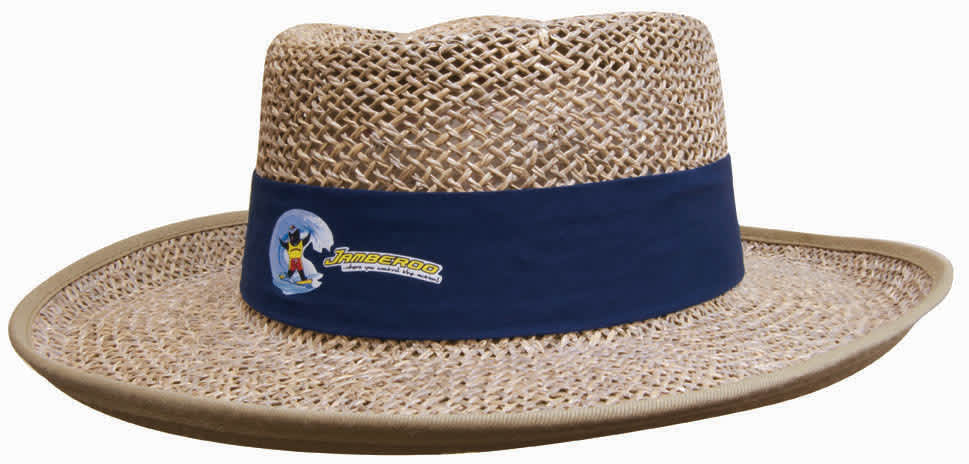 A straw hat with a wide brim, featuring a blue band and a logo. The hat has a natural beige colour.