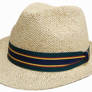 A straw fedora-style hat in beige with a multi-coloured striped band. It features a logo on the side.