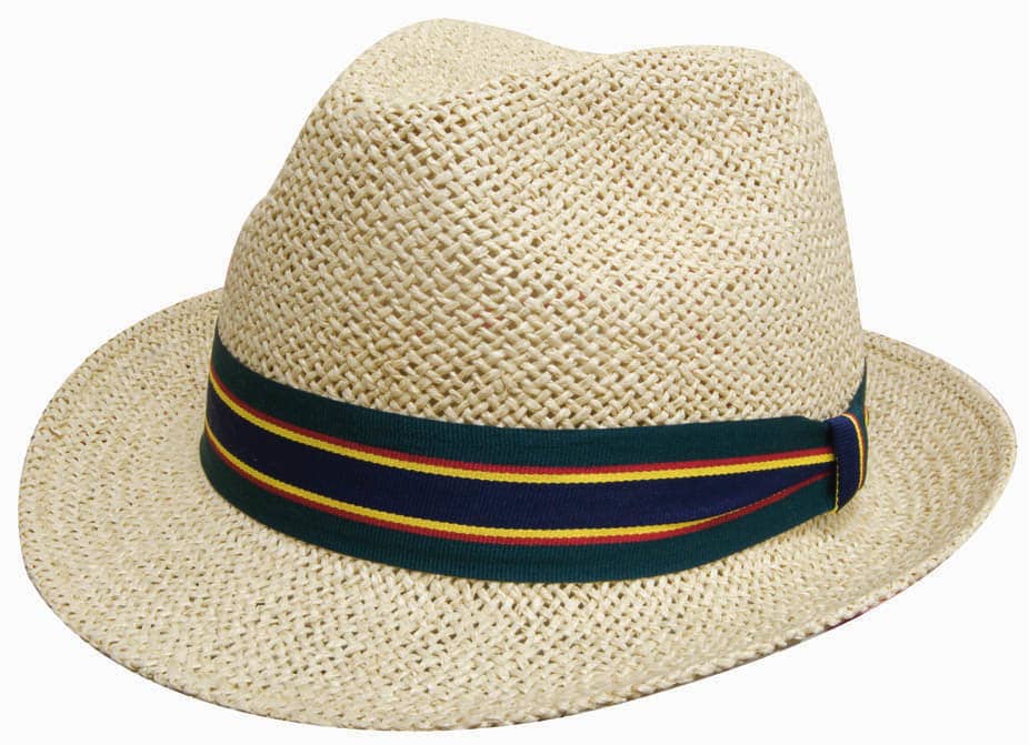 A straw fedora-style hat in beige with a multi-coloured striped band. It features a logo on the side.