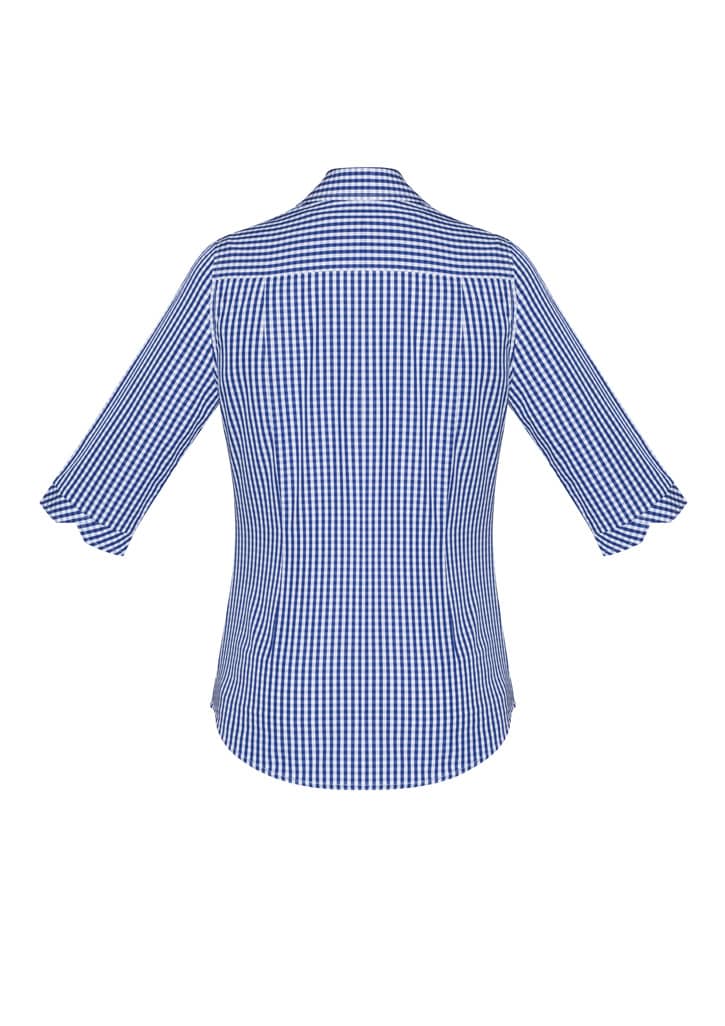 A blue and white gingham women's button-up shirt with 3/4 sleeves and a back yoke design.