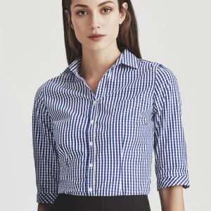 A fitted women's button-up shirt with 3/4 sleeves in a blue and white gingham pattern, featuring a collar and buttons.