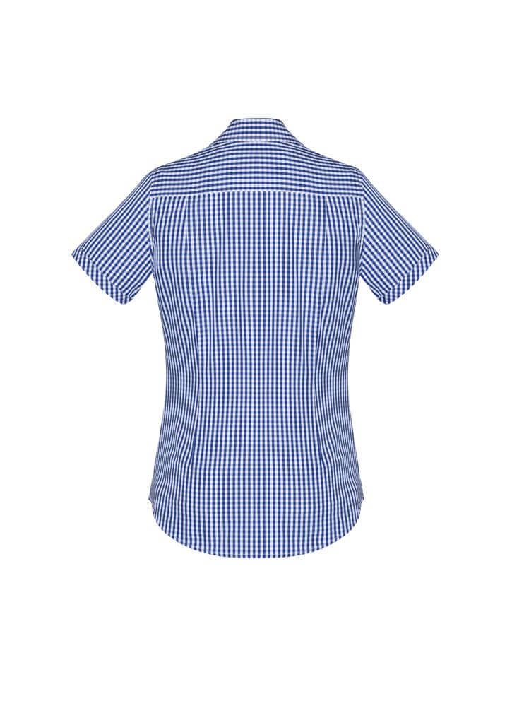 A blue and white checked short sleeve button-up shirt featuring a back yoke and a logo.