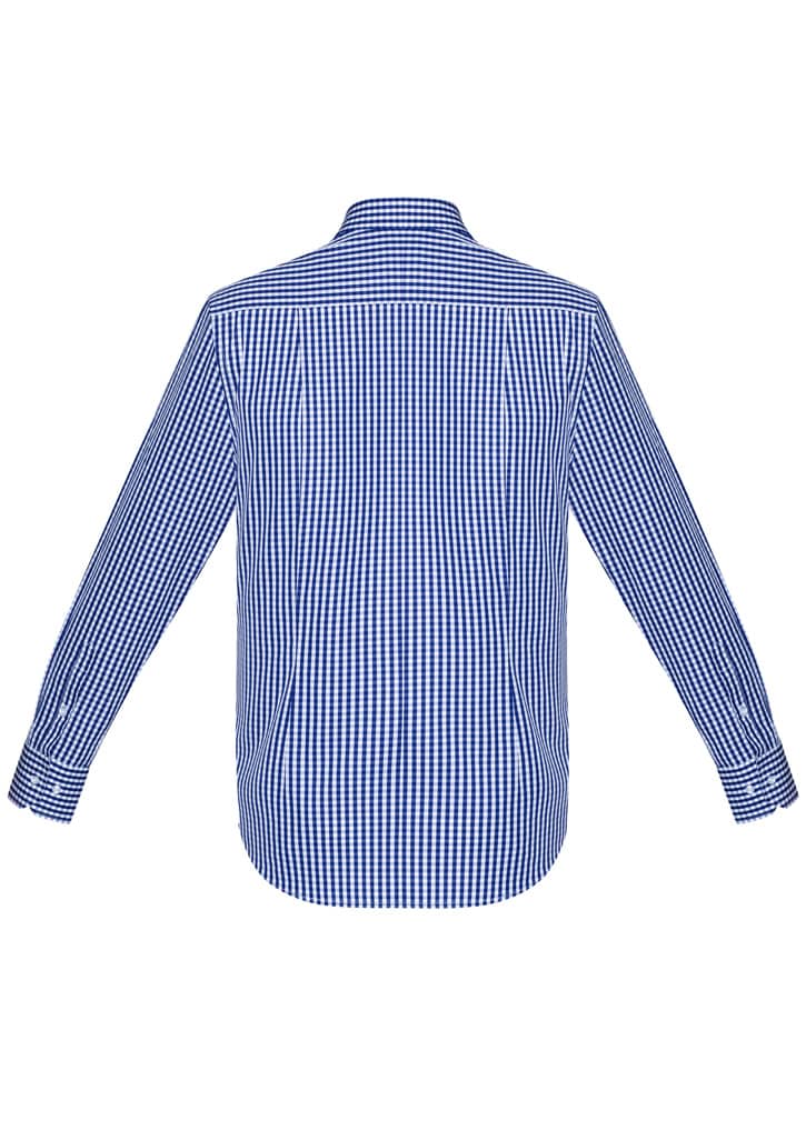 A back view of a men's long sleeve shirt in blue and white gingham check pattern, featuring a collar and button cuffs.