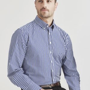 A men's long sleeve button-up shirt in a blue and white gingham check pattern, featuring a collar and a branding logo.