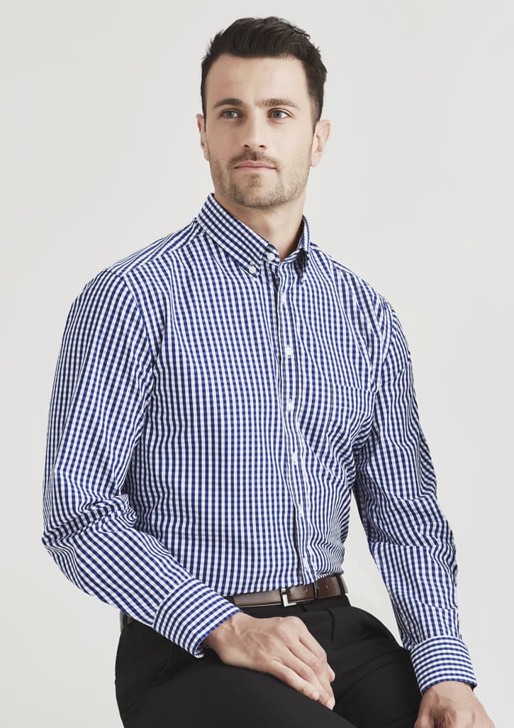 A men's long sleeve button-up shirt in a blue and white gingham check pattern, featuring a collar and a branding logo.
