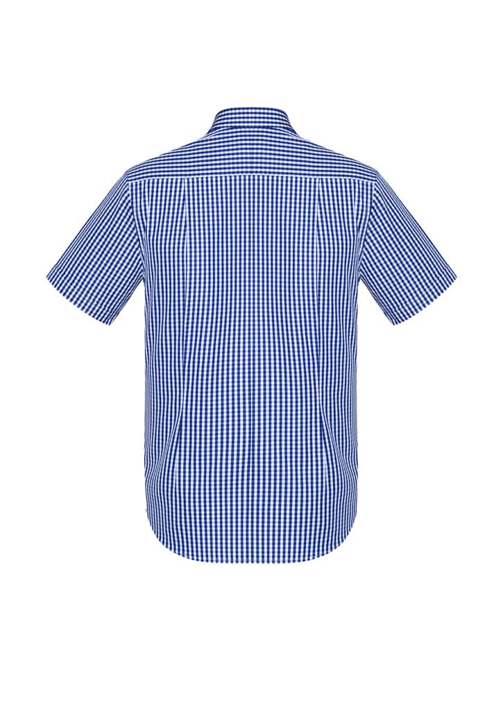 A blue and white checkered men's short sleeve button-up shirt with a collar, showing the back view.