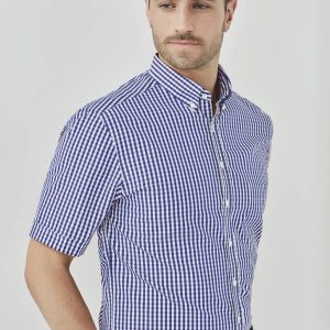 A short-sleeve button-up shirt in a blue and white checkered pattern, featuring a collar and a branded logo.